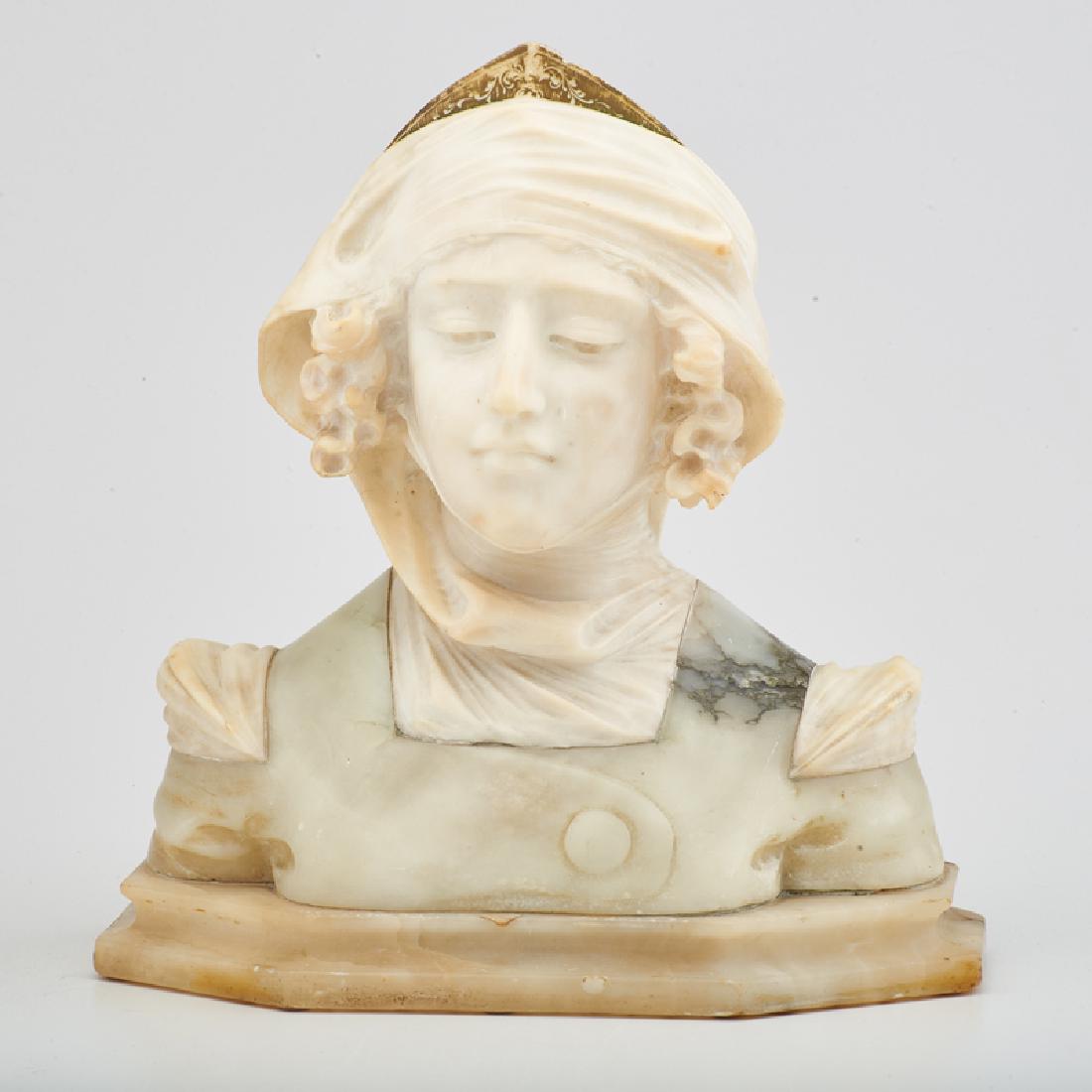 ITALIAN: Bust depicting Roman noblewoman, 20th c. Carved marble and alabaster, gold leaf Etched signature PROF. O. VICARI, FLORENCE 13" x 11 1/2" x 5 1/2"