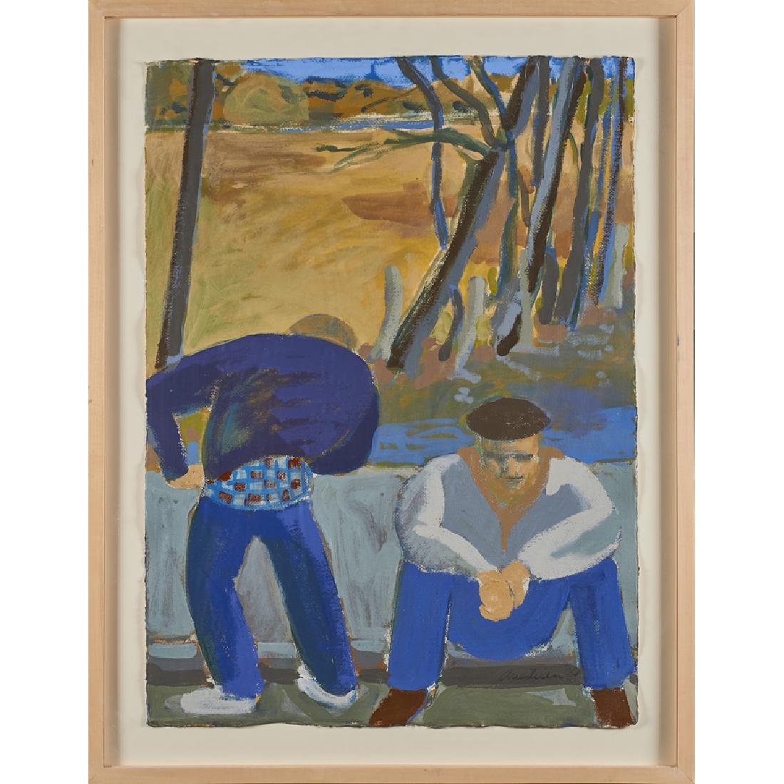 EDWARD AVEDISIAN (American, 1936-2007): Acrylic on paper Untitled (two figures on a bridge), 1989 (framed) Signed and dated 30" x 22" (sheet)