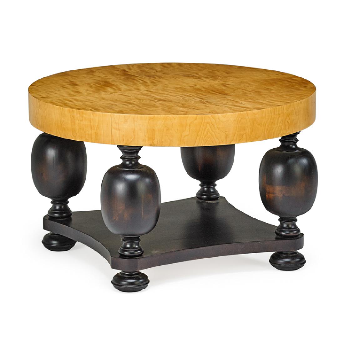 SWEDISH: Occasional table, 1940s Turned and stained wood, birch Unmarked 23 1/2" x 38" dia.