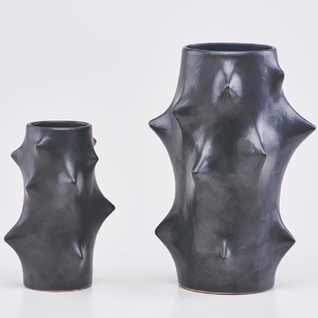 KNUD BASSE (1916 - 1991); MICHAEL ANDERSEN & SONS: Two "Rose Thorn" vases, Denmark, mid 20th c. Glazed earthenware Both signed Taller: 10 1/4" x 7" dia.