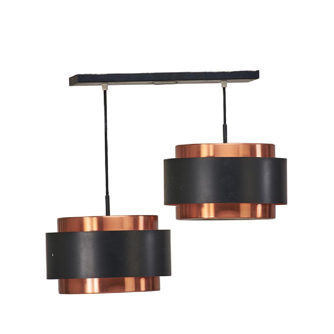 MODERN: Double-pendant lamp fixture, Denmark, 1970s Brushed and enameled copper, acrylic Unmarked Overall: 19 1/2" x 24" x 12"