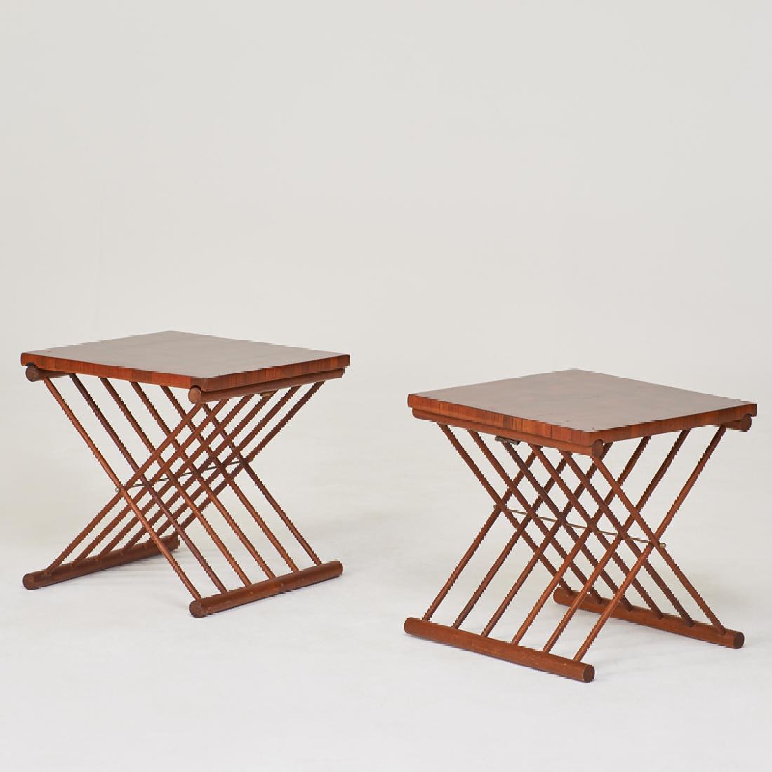 DANISH: Pair of campaign side tables Teak, leather, vinyl Unmarked 18 1/2" x 18" sq.