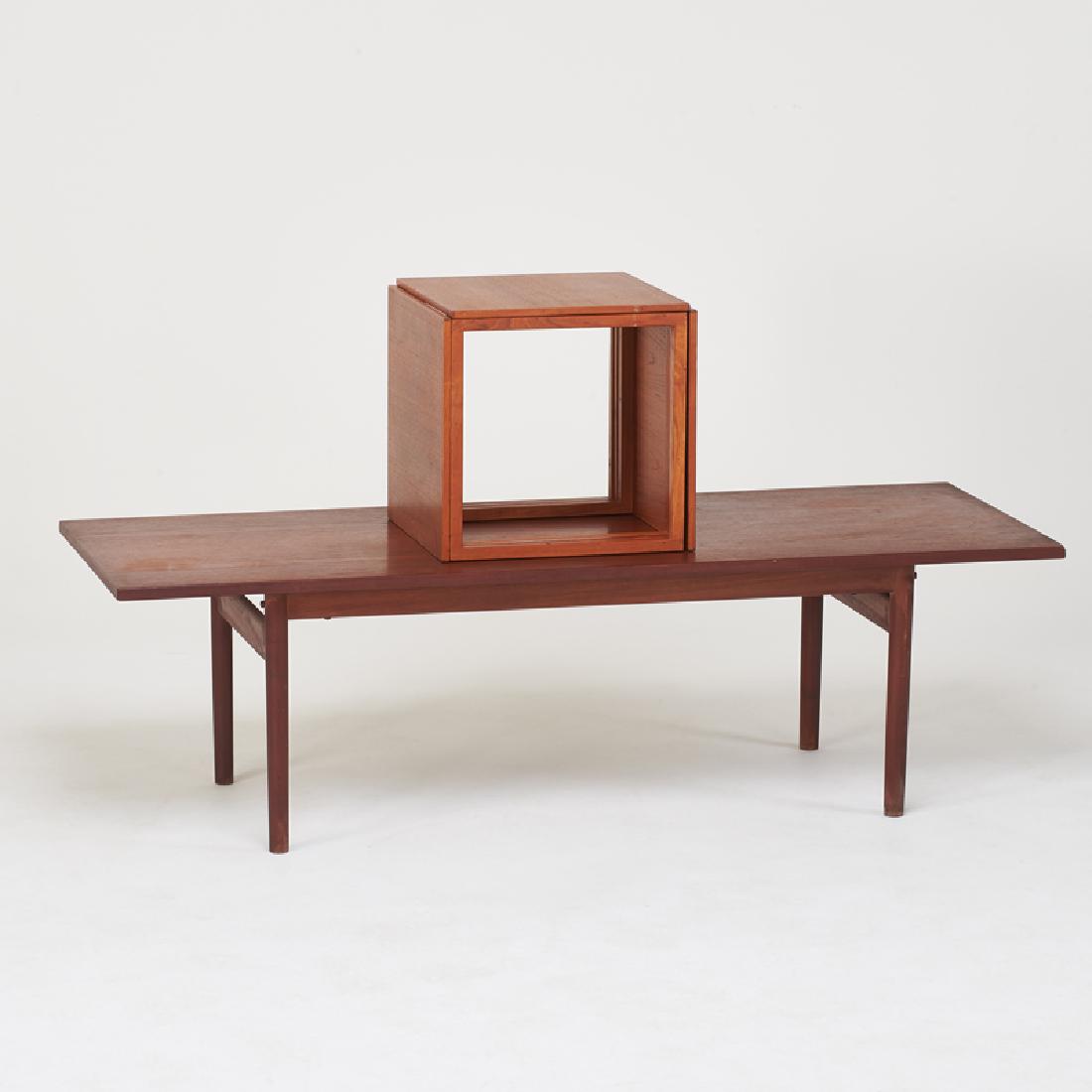 KAI KRISTIANSEN; GRETE JALK: Set of three interlocking occasional tables, together with Grete Jalk coffee table, Denmark, 1960s/70s Teak Set of three unmarked, coffee table marked Each occasional table: 18 1/4" x 16" sq. , coffee