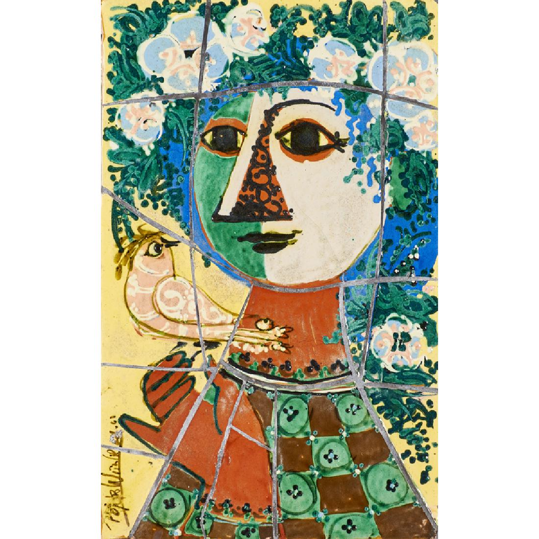 BJORN WIINBLAD (1918-2006): Large wall-hanging mosaic of woman with bird, Denmark, 1961 Glazed tile, cement Signed and dated 30 1/4" x 20" x 1 1/2"