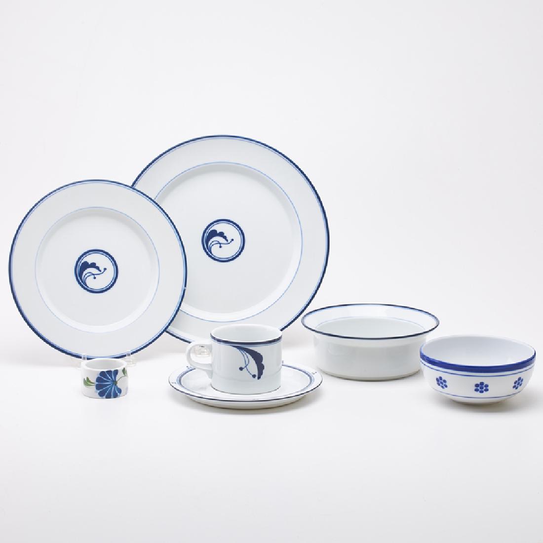 DANSK INTERNATIONAL DESIGNS: 63-piece assembled dinner service, mostly in the "Juniper" pattern: 16 dinner plates, 7 salad plates, 6 flat cups with 7 saucers, 5 wide-rim cereal bowls, six soup bowls, and set of 16 napkin rings, P