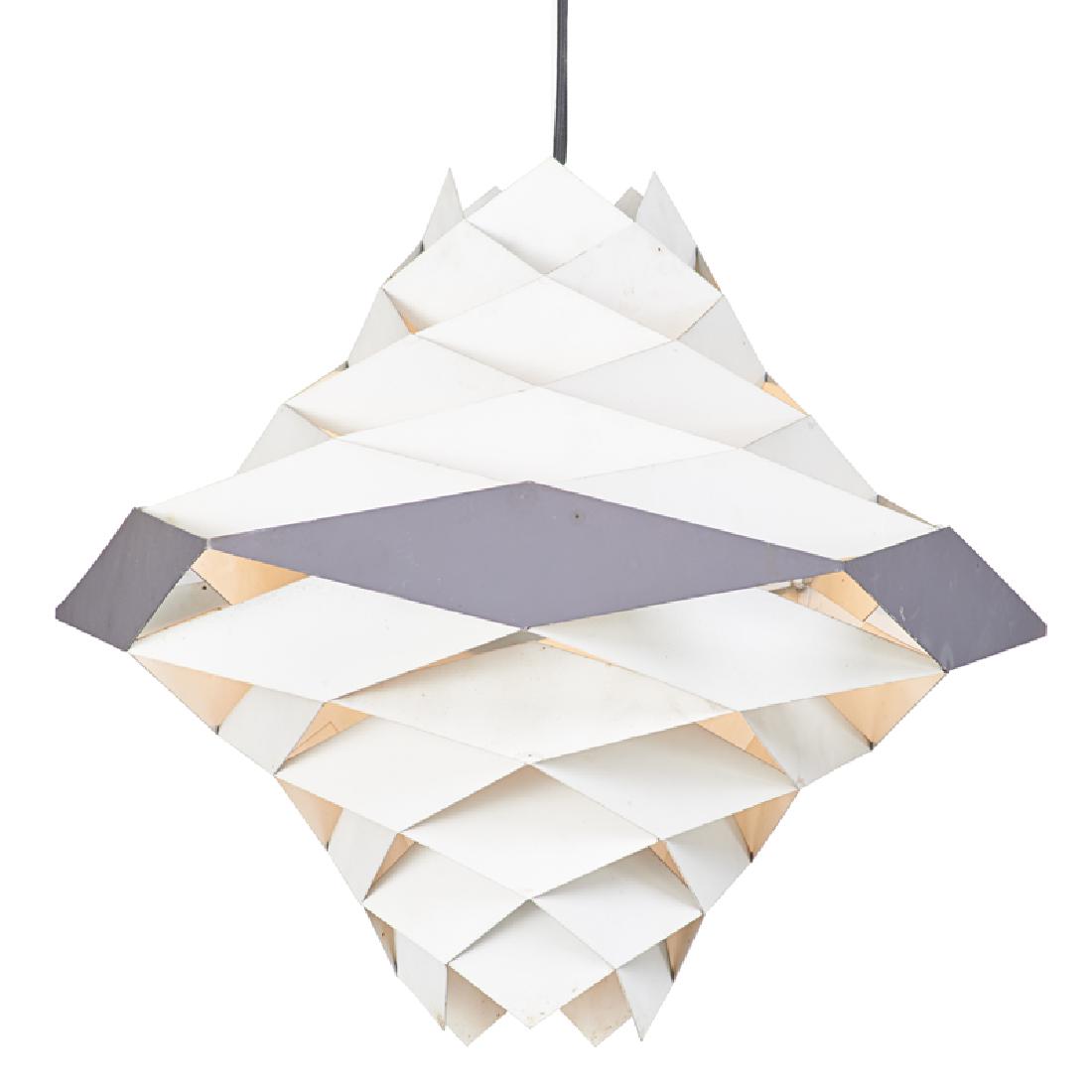 PREBEN DAHL (1929-1980); HANS FOLSGAARD: "Symfoni" pendant lamp, Denmark, ca. 1960s Enameled metal Unmarked Fixture: 17 1/2" x 19" dia.