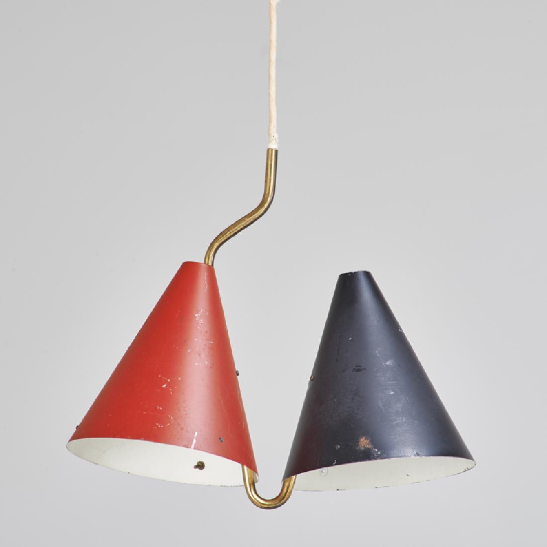 SVEND AAGE SORENSEN (1913 - 2004); LYFA: Double pendant lamp, Denmark, ca. 1950s Patinated brass, enameled aluminum Unmarked Fixture: 13" x 13 1/2", shades: 6 3/4" dia.