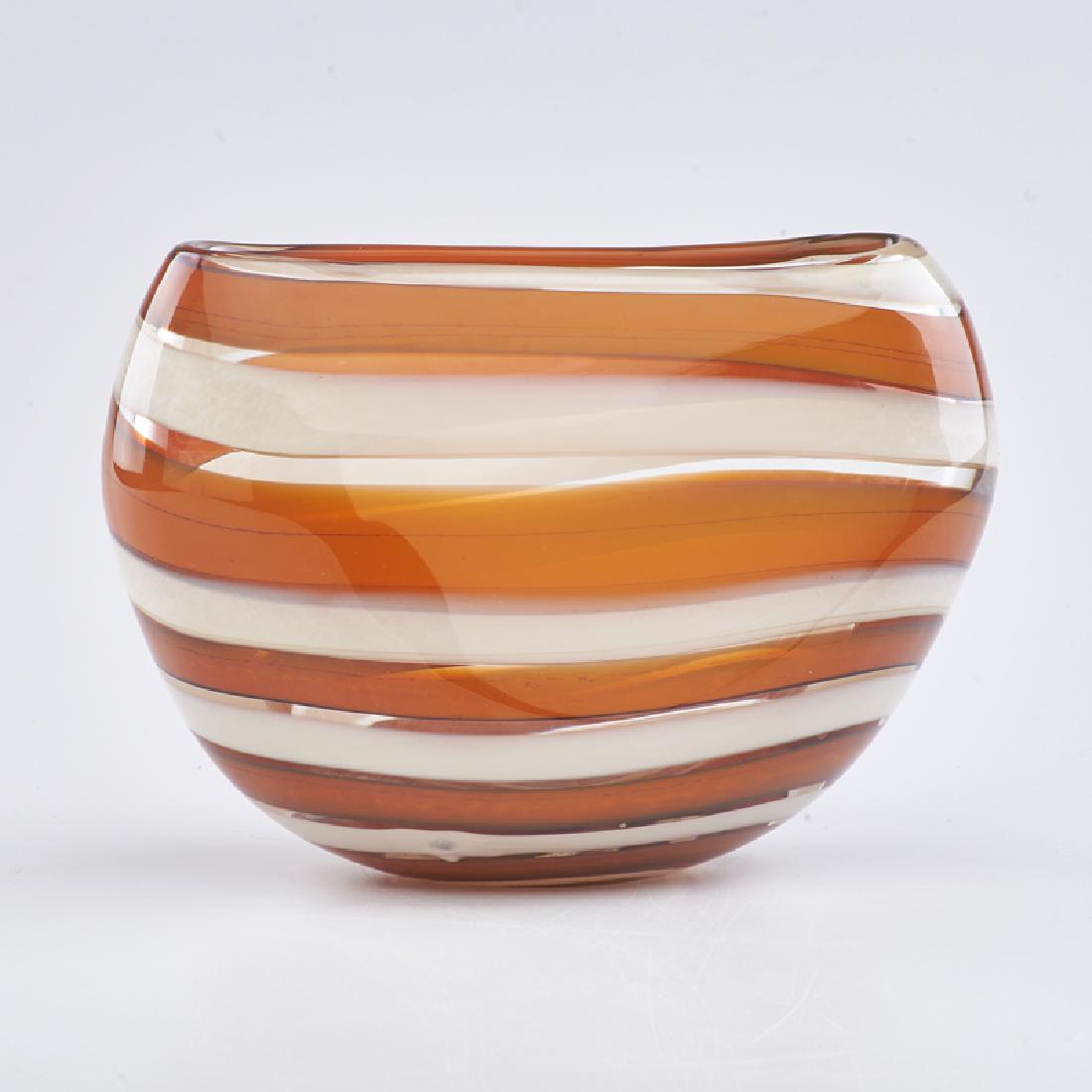 FLORIS MEYDAM; LEERDAM UNICA: Pillow vase with horizontal bands, Netherlands, ca. 1960 Cased glass Unmarked 6 3/8" x 9" x 4"