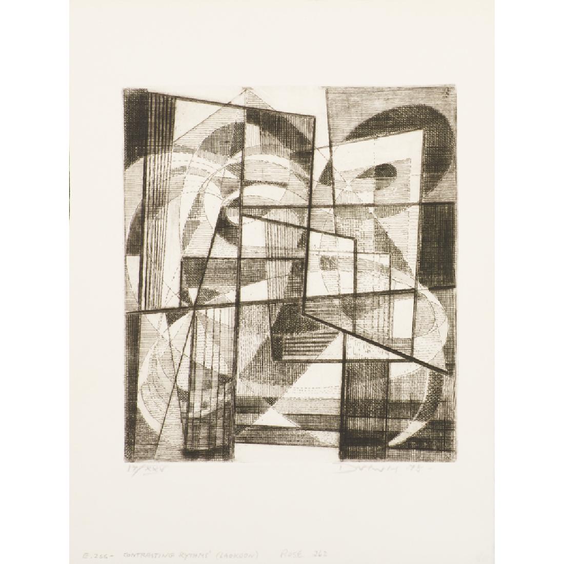 WERNER DREWES (American, 1899-1985): Four etchings "Contrasting Rythyms (Laokoon)" (Rose 262), 1978, "Autumn Leaves" (Rose 241), 1976/78, "Impact" (Rose 265), 1980 and "Sierra de Guadarrama" (Rose 1-35), 1923 (all unframed) Each signed a