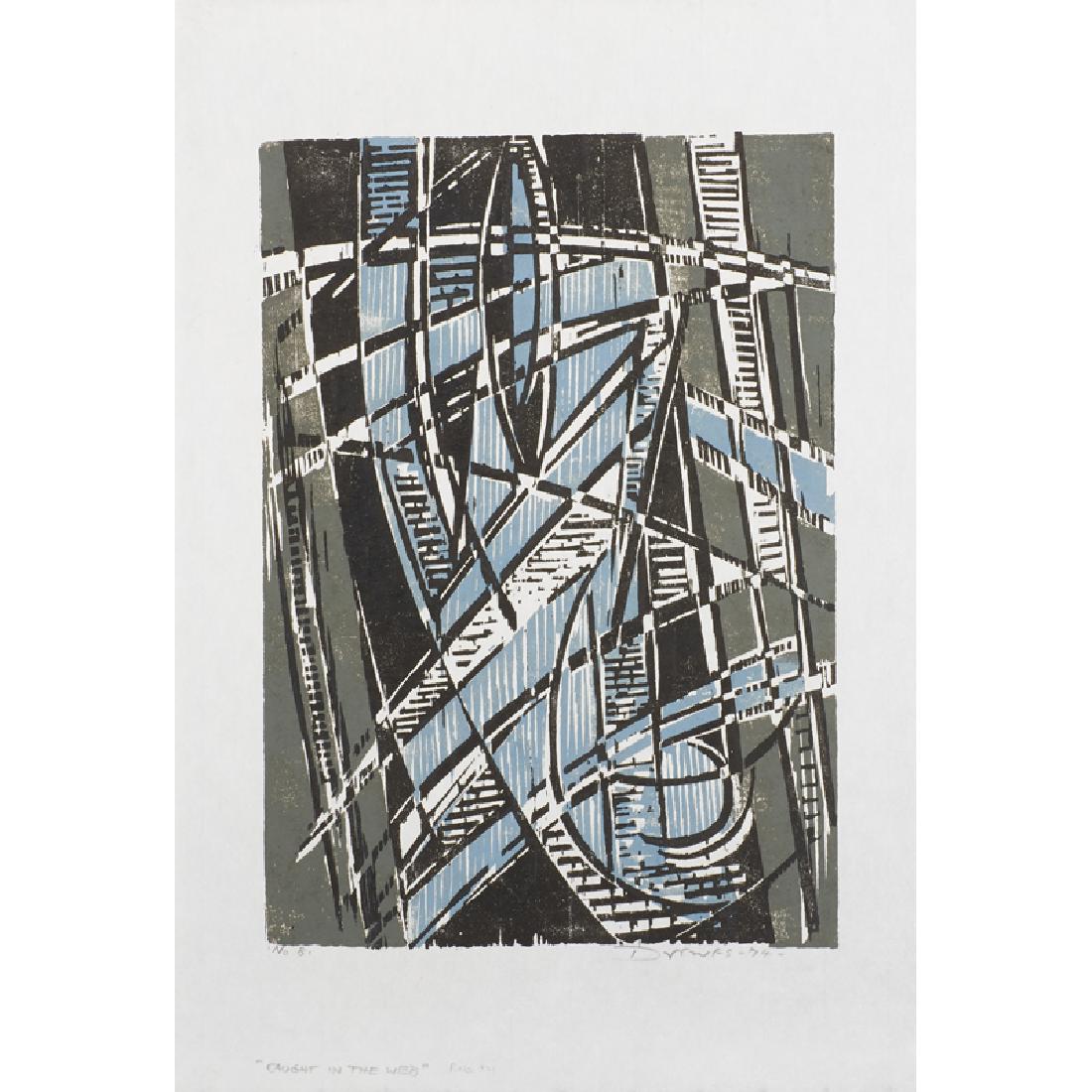 WERNER DREWES (American, 1899-1985): Three woodblocks in colors "Caught in the Web" (Rose 321), 1974, "Broken Shells" (Rose 319), 1973 and "Mississippi Bluffs in Spring" (Rose 158), 1954 (all unframed) Each signed and noted with edition