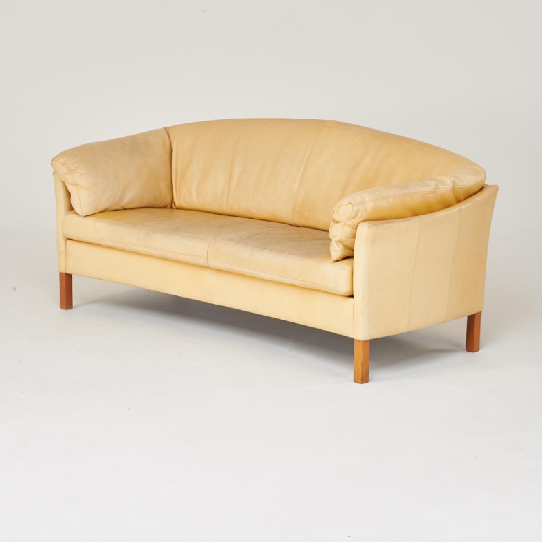 STYLE OF MOGENS HANSEN: Two-seat sofa in the style of model MH535, Denmark, 1960s Leather, oak Unmarked 31" x 73" x 33"