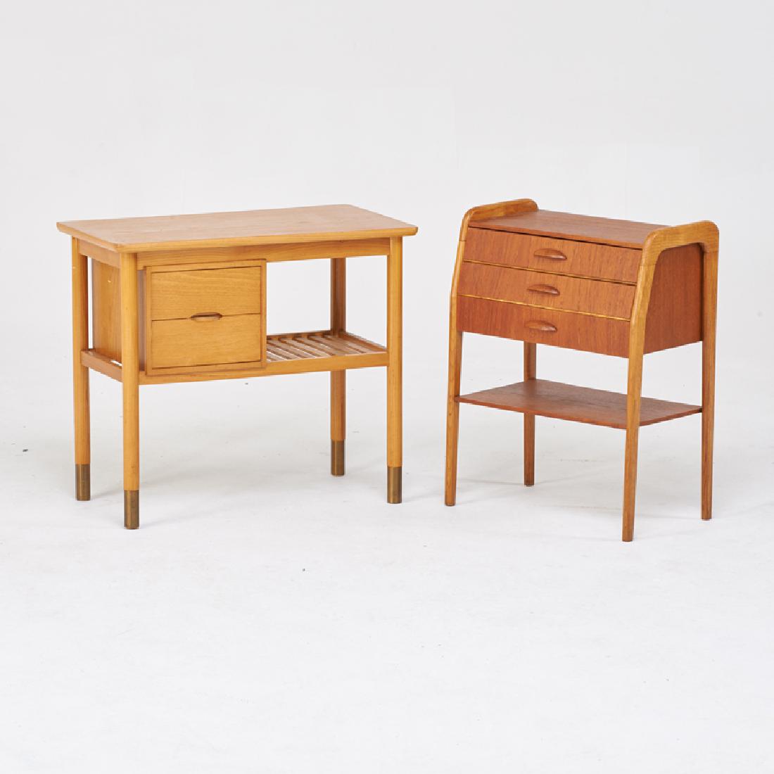 BJORN ENGO; POUL VOLTHER: Two similar nightstands, Norway/Denmark, 1960s Oak, teak, beech, brass Unmarked Larger: 24" x 27" x 15"
