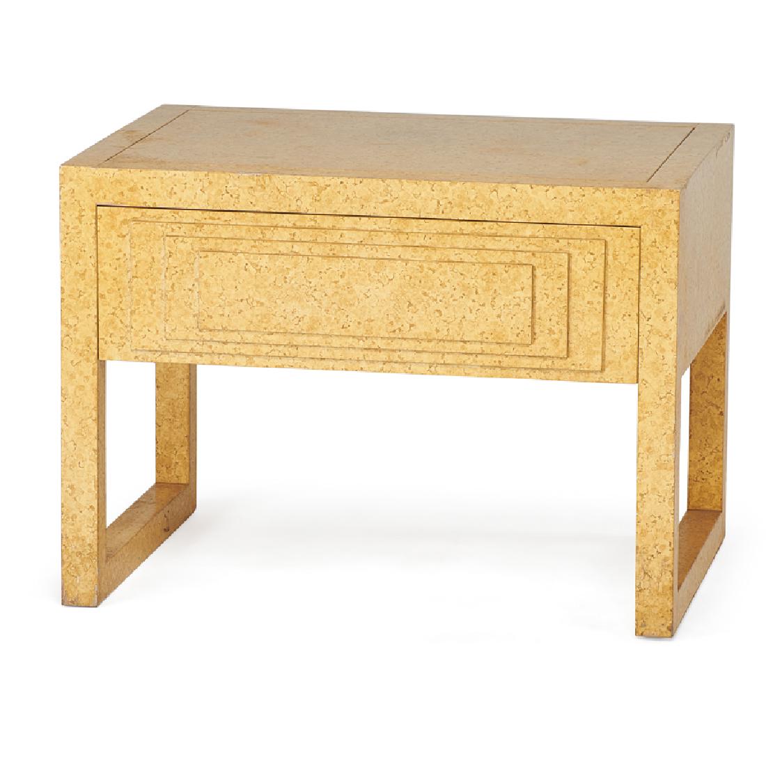 STYLE OF KARL SPRINGER: Over-sized side table with drawer, USA, mid 20th c. Enameled wood Unmarked 36" x 26 1/2"
