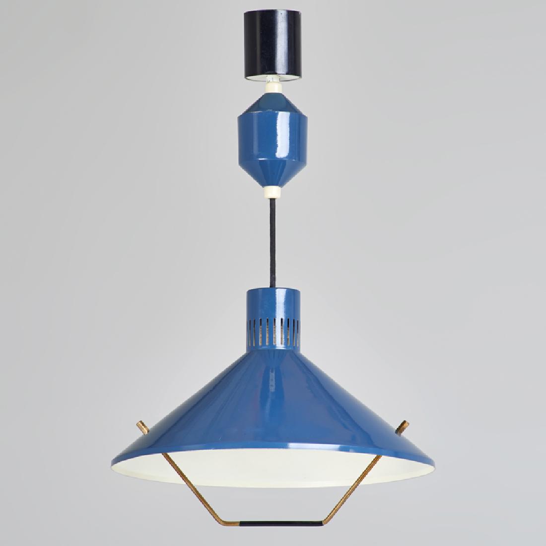 STILNOVO: Pendant lamp, Italy, ca. 1950s Enameled aluminum Sticker label 23" x 13 1/2" dia.