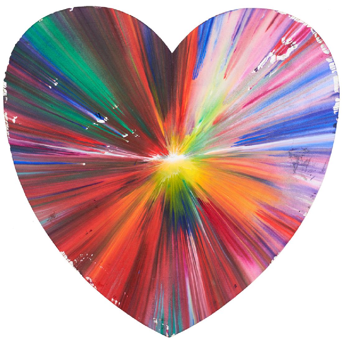 DAMIEN HIRST (British, b. 1965): Acrylic on paper Heart Spin Painting (Created at Damien Hirst Spin Workshop), 2009 (unframed) Bears Hirst blindstamp and stamped with signature and inscription "This painting was made by / to celebrat