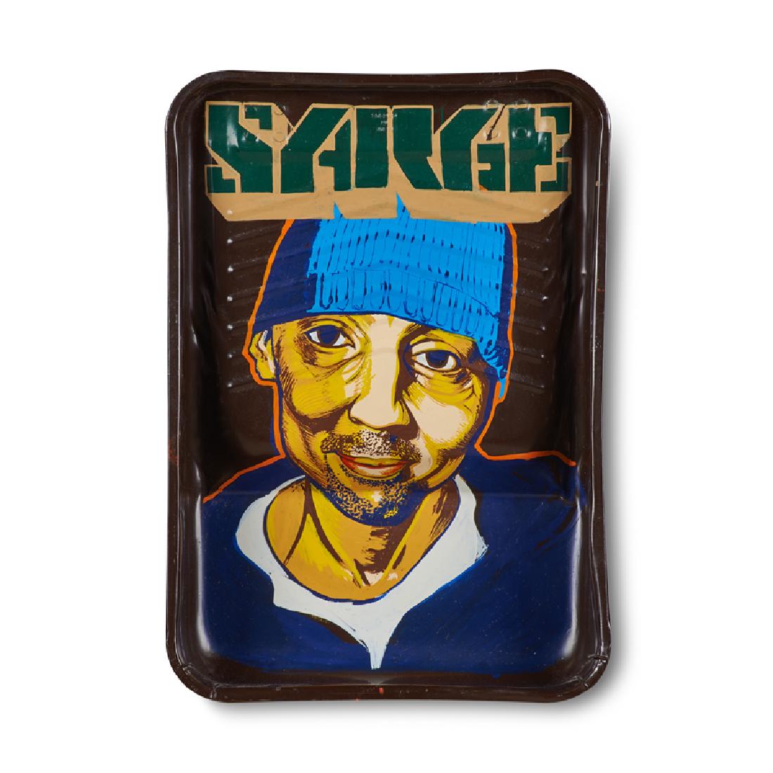 STEPHEN POWERS (ESPO) (American, b. 1968): Sarge Acrylic on steel paint pan Signed to verso 16 1/4" x 11 3/8" x 3 1/4" Provenance: "Street Market (with Barry McGee and Todd James)," 2000, Deitch Projects, New York 49th Venice Biennale, 2001, V