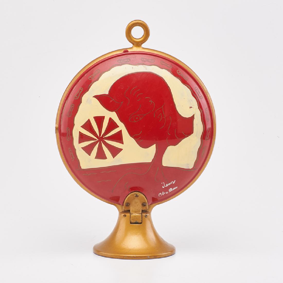 JEAN COCTEAU (1889 - 1963): Art Deco triple-level folding server, France, ca. 1950s Mixed metals, enamel, resin Signed and impressed marks Open: 11" x 16 3/4", closed: 11" x 8"