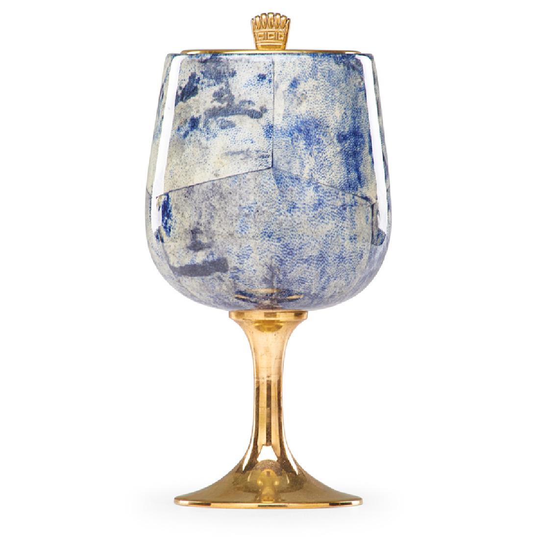 ALDO TURA (1909-1963): Small ice bucket, Italy, 1960s Lacquered parchment, brass, glass Unmarked 11" x 5 1/4"