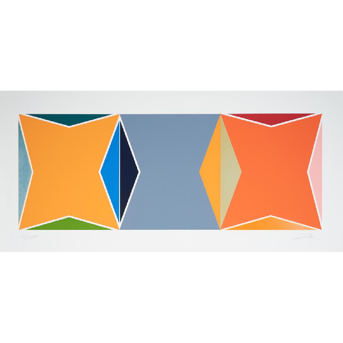 LARRY ZOX (American, 1937-2006): Two screenprints in colors "Scissor Jack II," 1978 and "Triple Gemini," 1978 (both unframed) Both signed and numbered "Triple Gemini": 25" x 52 1/2"
