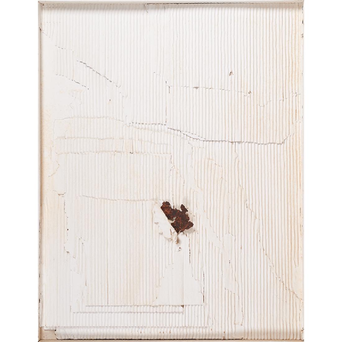 RUTH REESE (American, 1935-2015): "Pods," 1984, "Beauty's Gift," 1983 and "Gilded Object," 1983 Three corrugated paper and rusted metal reliefs (window panels) Each initialed and dated 36" x 28" (each) Provenance: Estate of Ruth and H