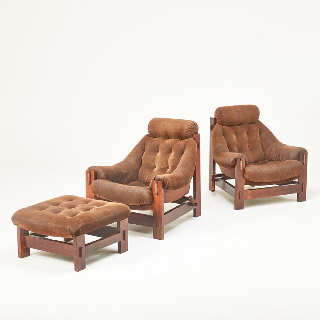 STYLE OF JEAN GILLON: Pair of lounge chairs and ottoman, Brazil, 1960s Stained wood, upholstery Unmarked Chairs: 35" x 35" x 38", ottoman: 15" x 26 1/2" x 26 1/2"