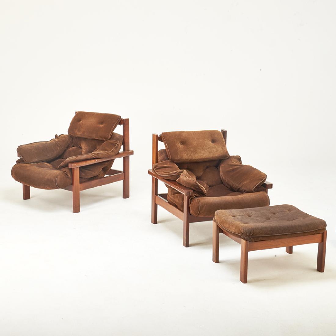 STYLE OF JEAN GILLON: Pair of lounge chairs and ottoman, Brazil, 1960s Stained wood, upholstery Unmarked Chairs: 31" x 35" x 36", ottoman: 16" x 27" x 22"
