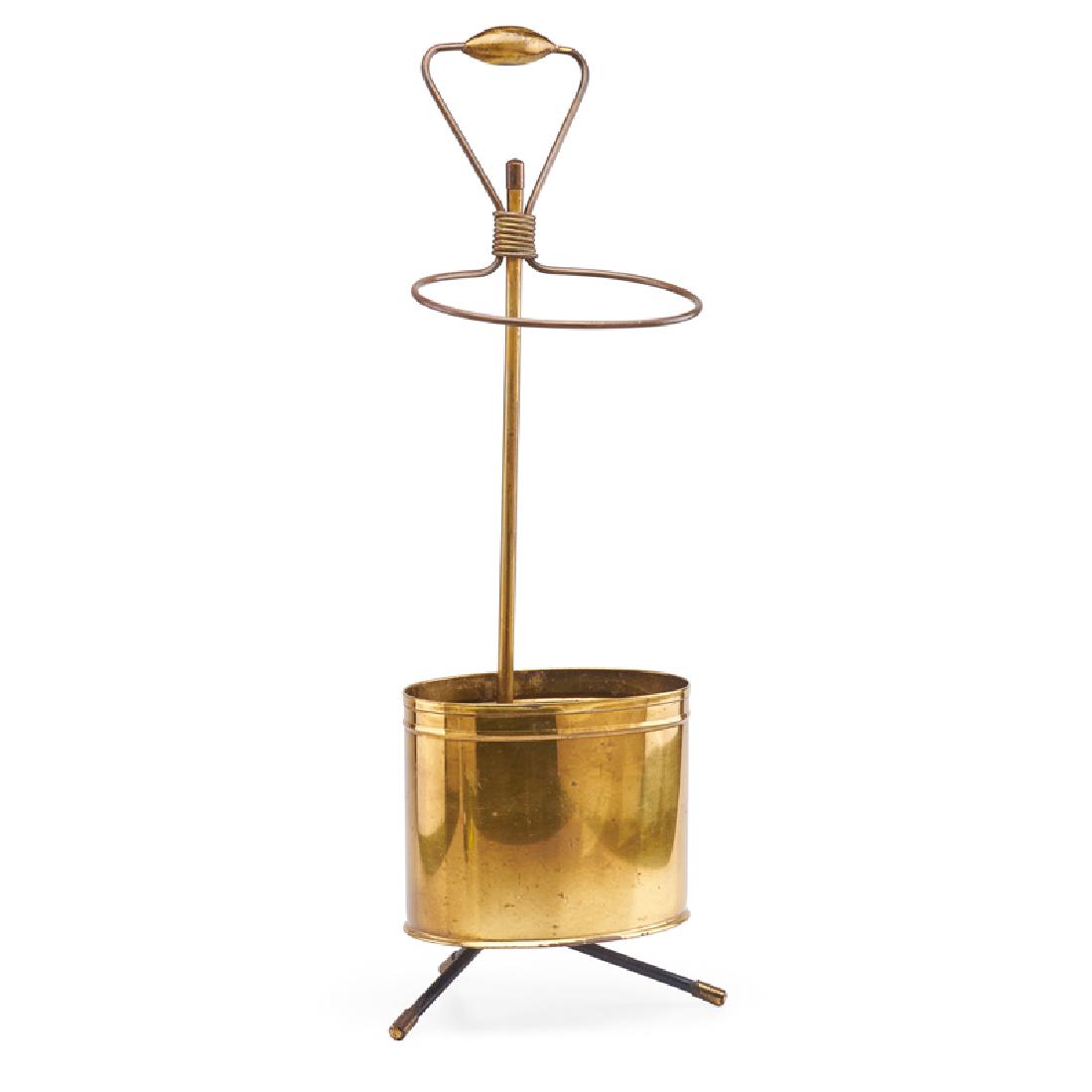 MATHIEU MATEGOT (1910-2001) (Attr.): Umbrella stand, France, ca. 1960s Brass, patinated and enameled metal Unmarked 28" x 10 3/4" x 8 3/4"