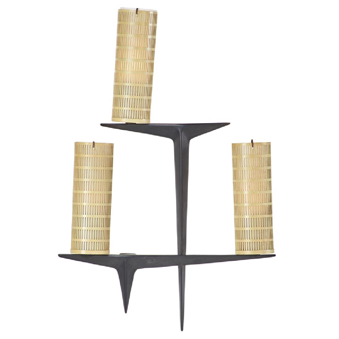 ARLUS: Three-light wall sconce, France, ca. 1960s Patinated and enameled metal, frosted glass Unmarked 24 1/2" x 18" x 3"