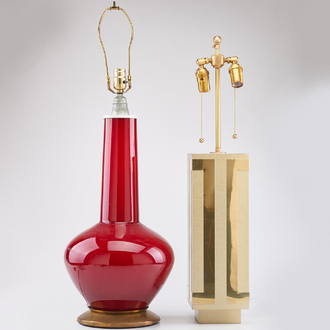 PHILIPPE JEAN (French), ETC.: Two table lamps: Philippe Jean geometric together with gourd-shaped, 1960s Brushed and polished brass veneer, glass Philippe Jean signed, other unmarked Taller: 33 1/2" x 11" dia.