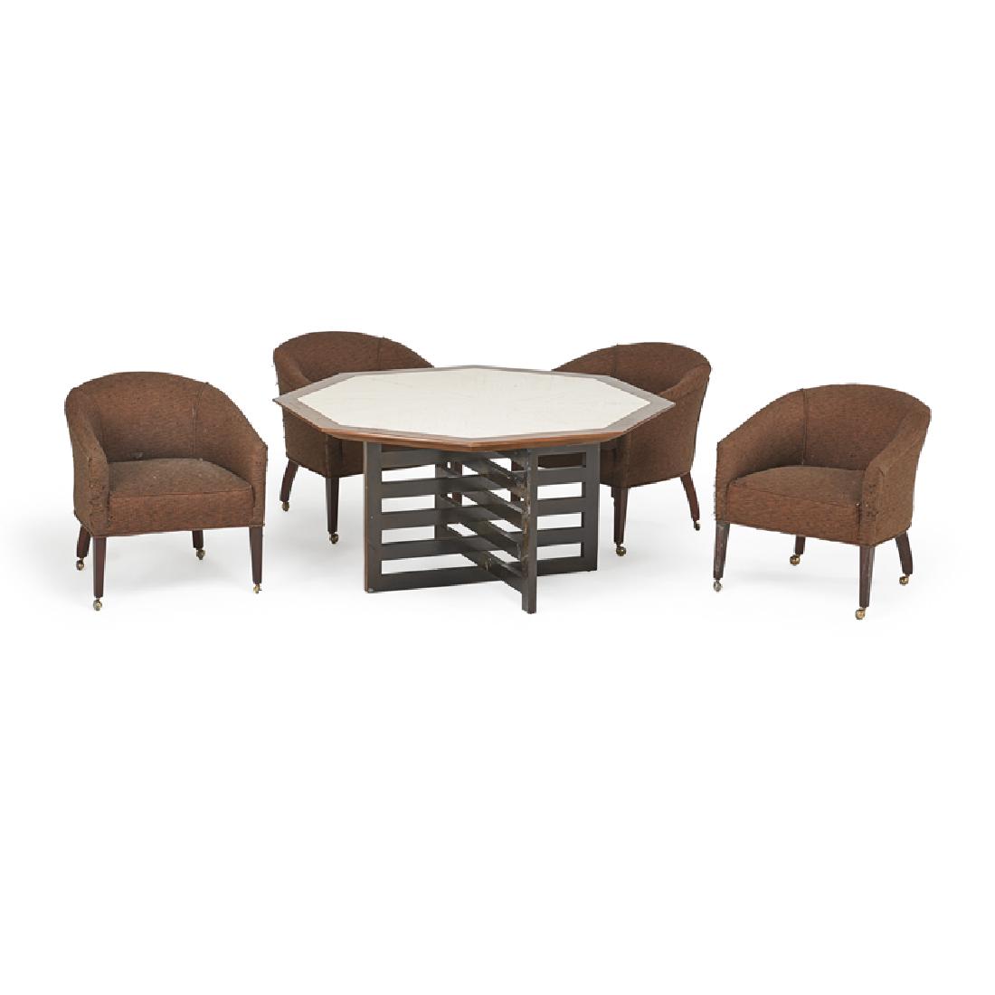 HARVEY PROBBER: Game table and four armchairs, USA, mid 20th c. Ebonized wood, inlaid travertine, upholstery, casters Unmarked Table: 25" x 50" sq., chairs: 30" x 27" x 27"
