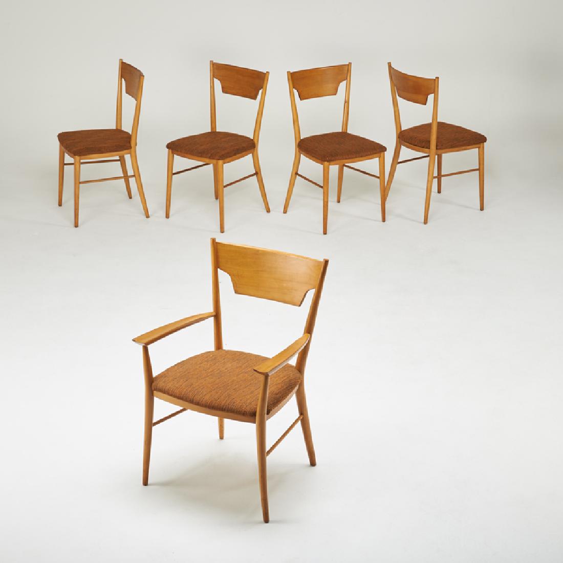 PAUL McCOBB; WINCHENDON: Five Perimeter Group chairs (4 side-, 1 arm-), Winchendon, MA, ca. 1950s Birch, upholstery Side chairs with labels Side: 35" x 18" x 18 1/2", Arm: 35" x 23" x 23"