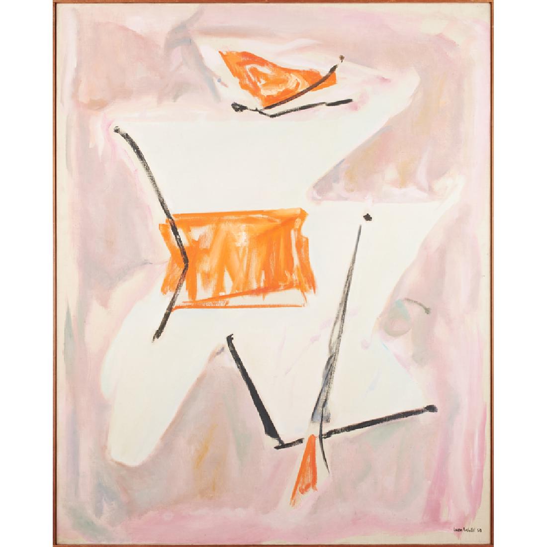 LEON WALL (American, 1916-1980): Oil on canvas "Samurai," 1958 (framed) Signed and dated 49 1/2" x 40" Provenance: Betty Parsons Gallery, New York (label to verso)
