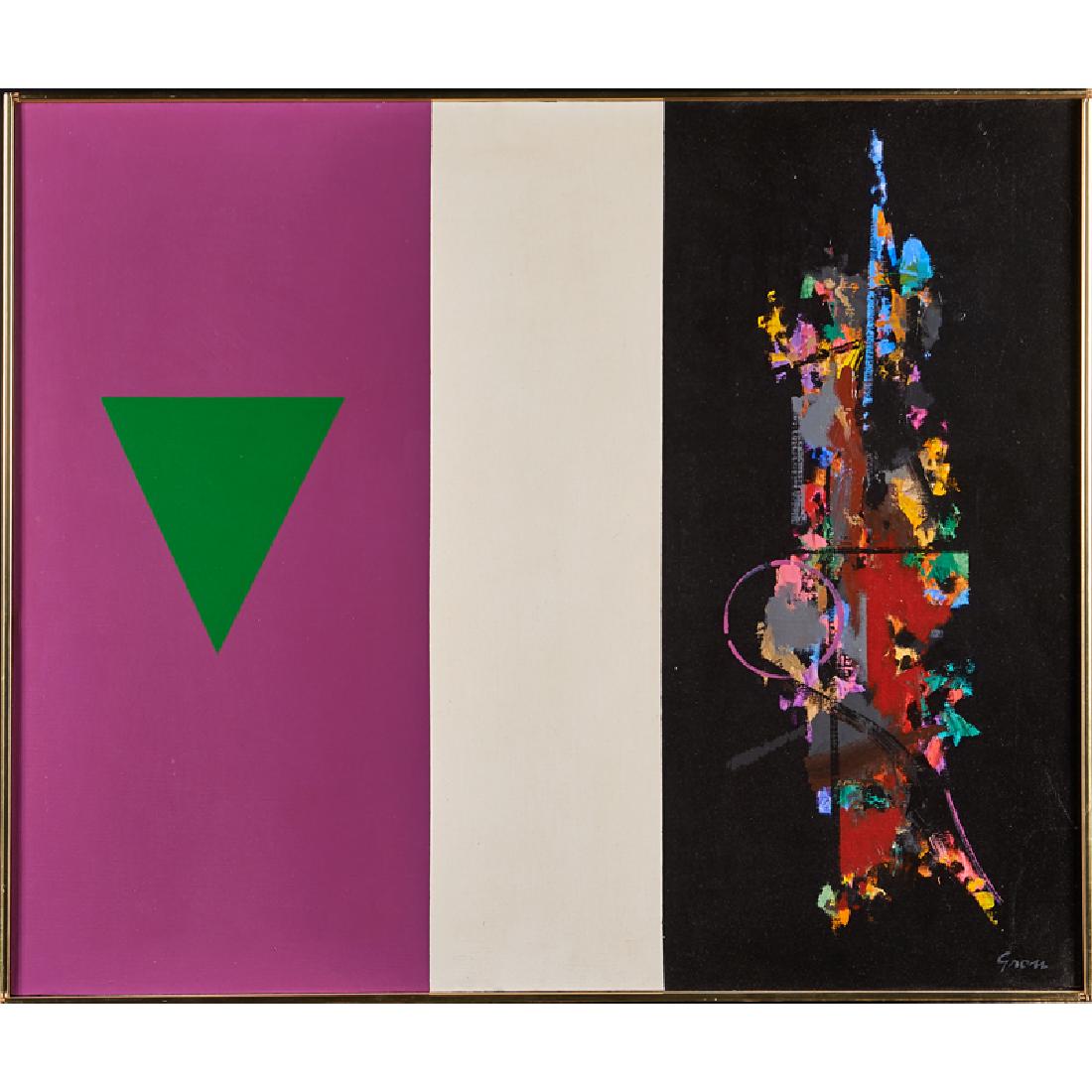 SIDNEY GROSS (American, 1921-1969): Two oils on canvas Untitled (purple and green abstract) and "The Natural Danger," 1945 (framed separately) Both signed, one dated Larger: 30" x 36"