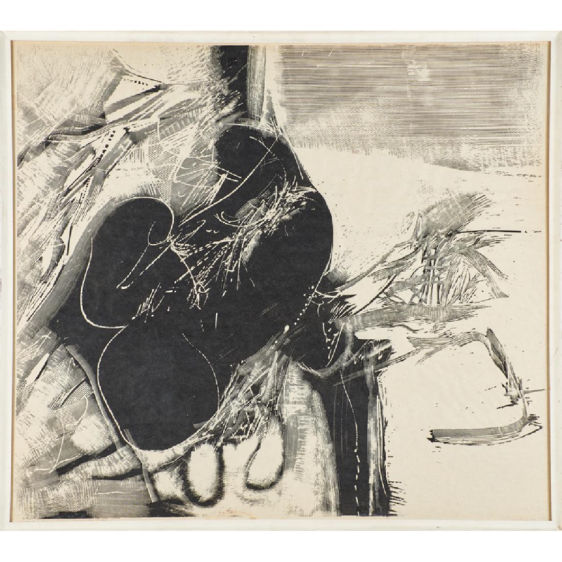 ARTHUR DESHAIES (American, 1920-2011): Plaster engraving on rice paper paper "Cycle of Large Sea (Night Sea Rider)," 1962 (framed) Signed, titled, and dated 37 1/2" x 41 1/2" (sight)