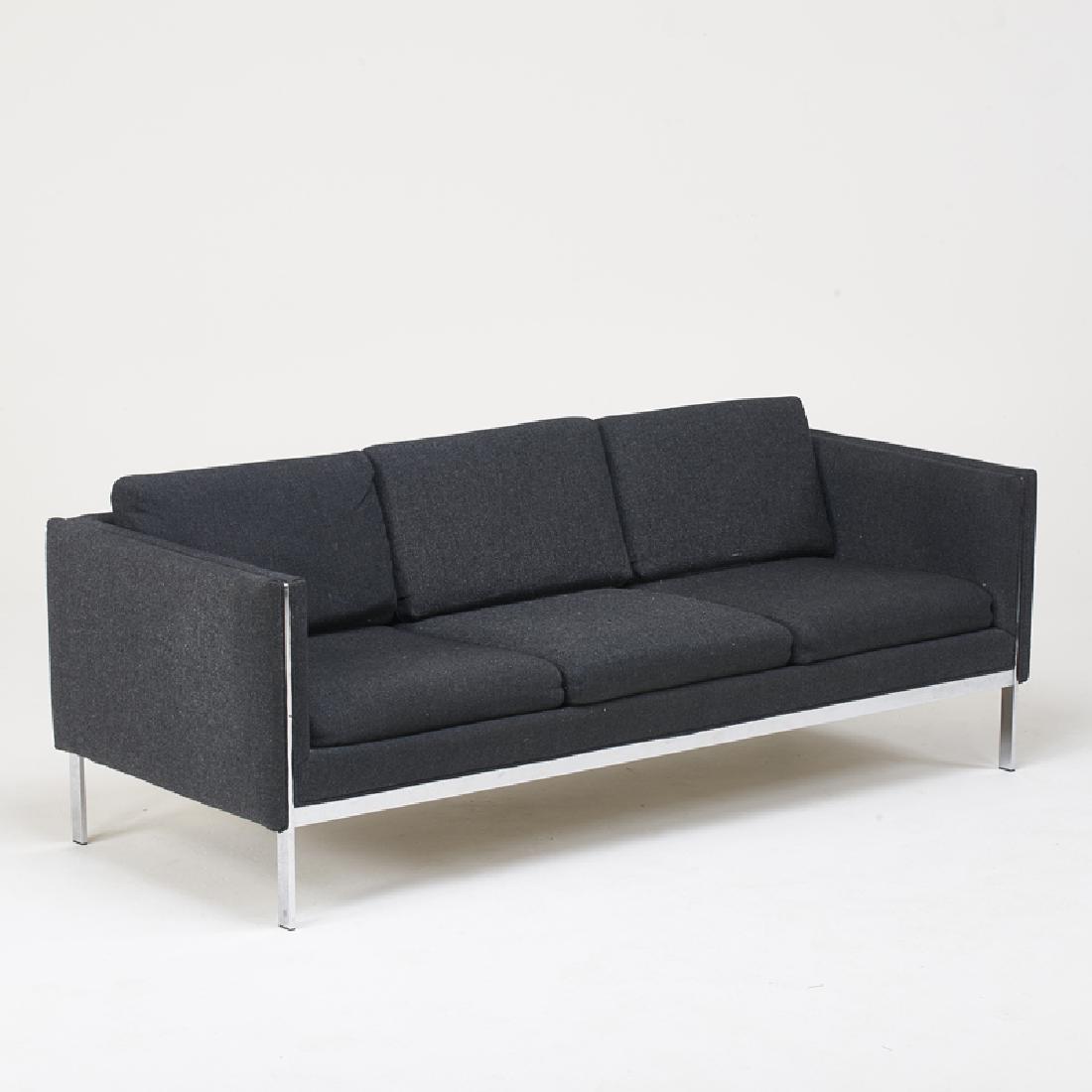 STYLE OF MILO BAUGHMAN: Three-seat sofa, High Point, NC, ca. 1970s Chromed steel, fabric upholstery Monarch Furniture Corp label 31" x 80 1/2" x 32"