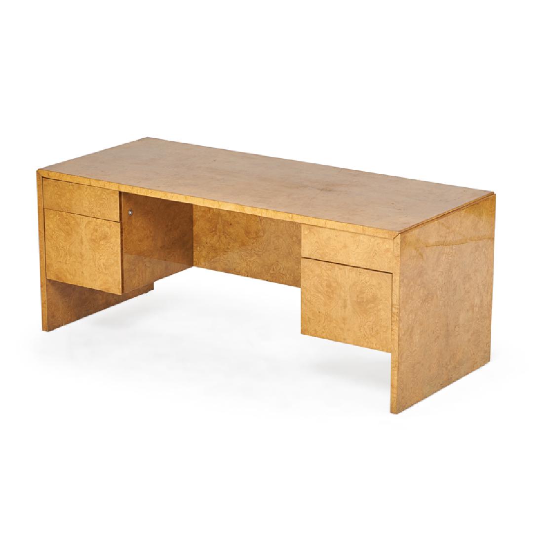MILO BAUGHMAN (Attr.); INTREX: Double pedestal executive desk, USA, latter half of 20th c. Resin-coated olive burl Unmarked 29 1/2" x 72" x 30"