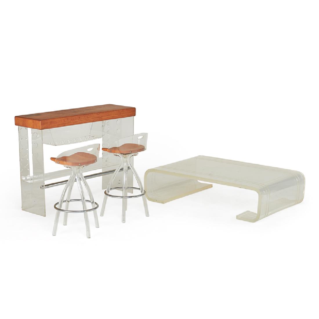 MID-CENTURY MODERN: Bar with matching pair of stools, and 17-piece glassware with etched decoration, service for five plus extras: six rocks glasses (3 1/2"), five tumblers (5"), and six shot glasses (2 1/4"), together w