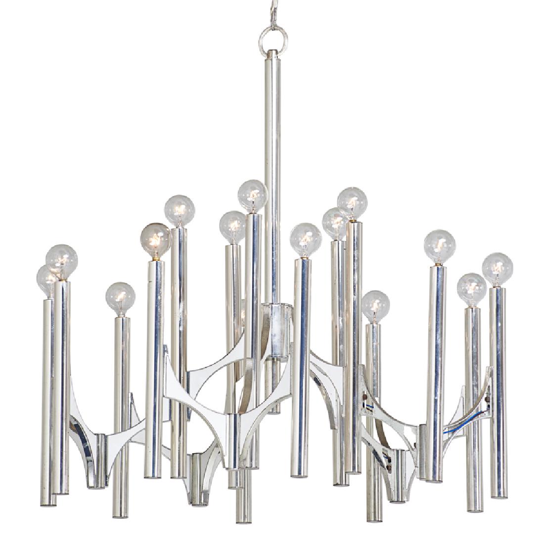 GAETANO SCIOLARI; LIGHTOLIER: Fifteen-light chandelier, Italy, ca. 1970s Chromed metal, enamel Unmarked 33" x 30" dia. Provenance: Estate of Marshall Churner, Vice President of Lightolier, Franklin Lakes NJ.
