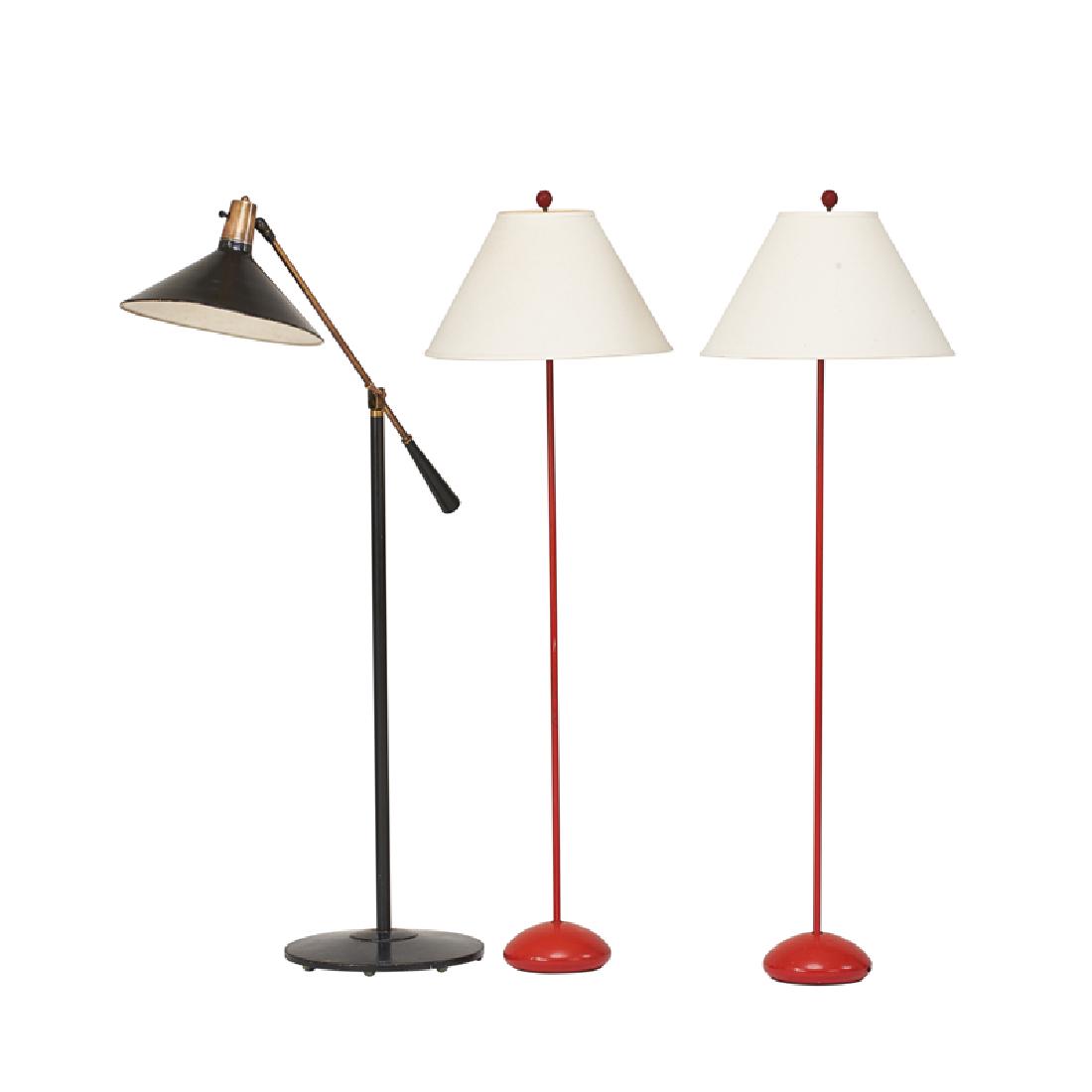 LIGHTOLIER; ROBERT SONNEMAN: Three floor lamps, USA, 1950s/70s Enameled metal, brass, fabric shades Sonneman foil label Lightolier (as shown): 50 1/2" x 14 1/2" dia. at base, Sonneman: 53 1/2" x 17 1/2" dia.