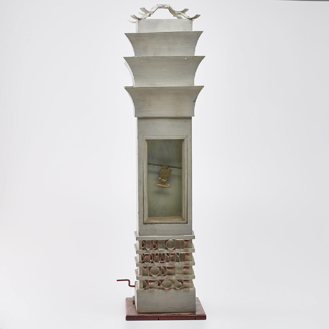 FRENCH ART DECO STYLE: Illuminated mechanical table top model, "Publicite Permanente Modele Depose", with crank and rotating figural bust silhouettes, 20th c. Enameled metal, laminate Unmarked 28 1/2" x 7" x 8 3/4"