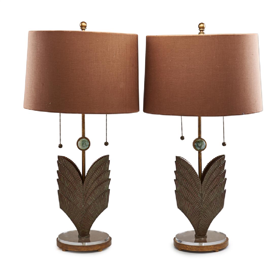 THEODORE ALEXANDER: Pair of Art Deco style table lamps, USA, 21st c. Cast brass, jade, fabric shades 31 1/2"