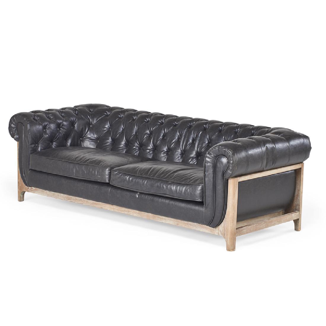 DESIGNER: Contemporary chesterfield tufted sofa, 2000s Leather, white-washed wood Unmarked 27" x 84" x 35"