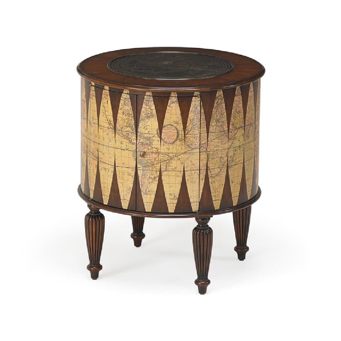 THEODORE ALEXANDER: Renaissance Astrolabe side cabinet/table, 2000s Carved and stained wood Brass label 32" x 28 1/2" dia.