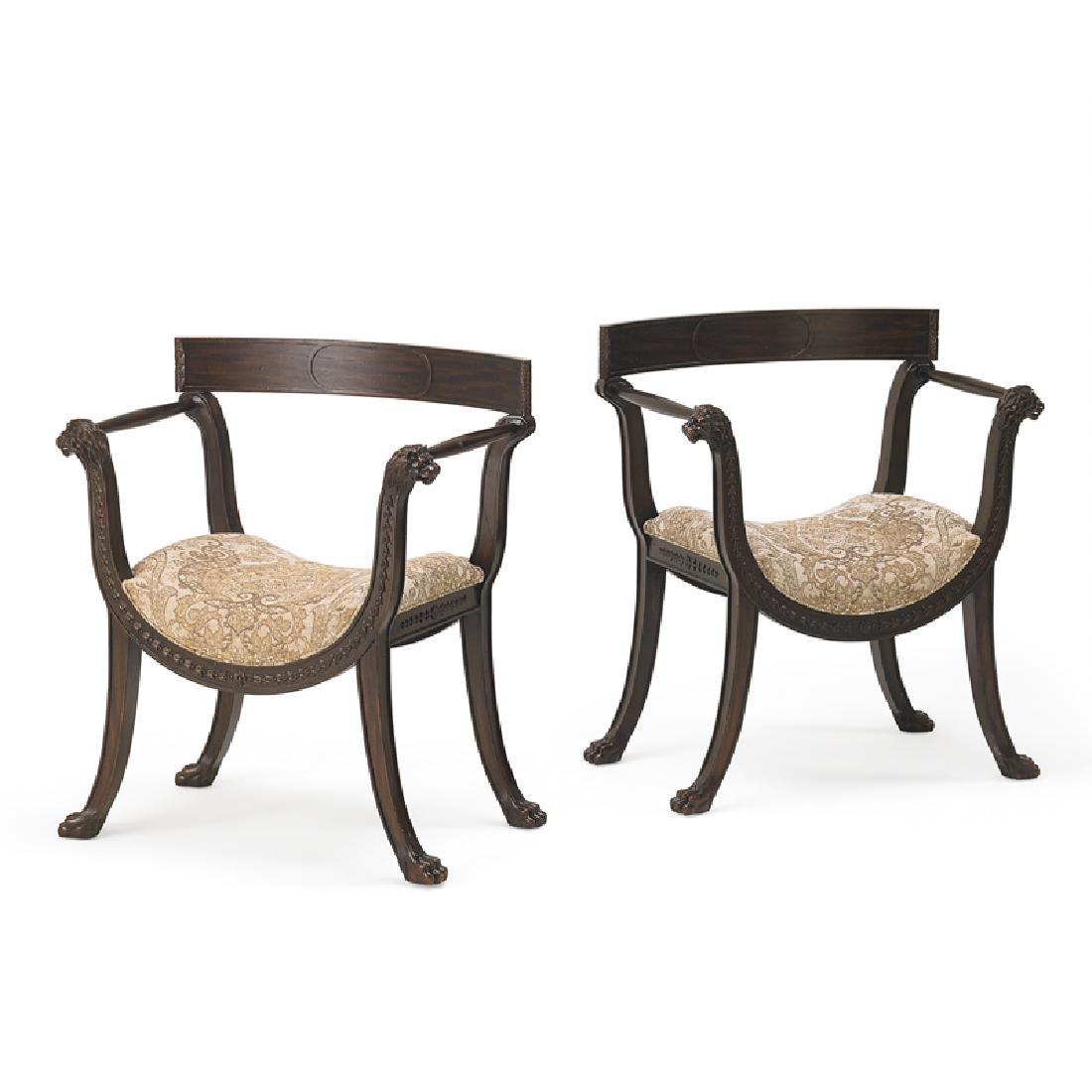 THEODORE ALEXANDER: Pair of Ambra lounge chairs, 2000s Stained and carved wood, upholstery Manufacturer labels 37" x 33" x 23"