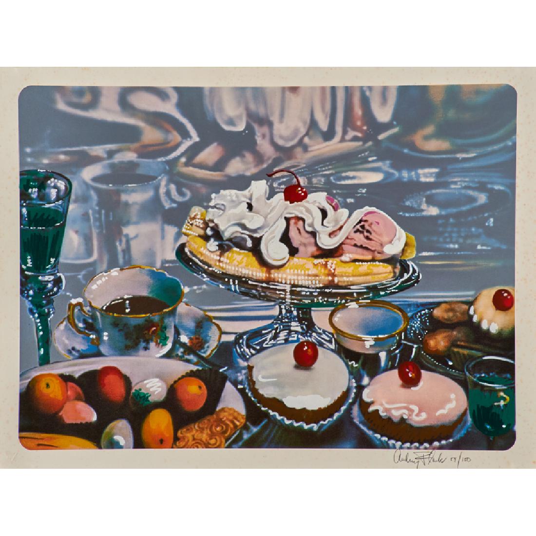 TWO WORKS FROM PRESIDENTIAL PORTFOLIO: AUDREY FLACK (American, b. 1931) Screenprint in colors, "Banana Split Sundae" 1980 and ANSEL ADAMS (American, 1902-1984) Photolithograph, "Madrone Bark, Santa Cruz Mountains, California" from Presiden