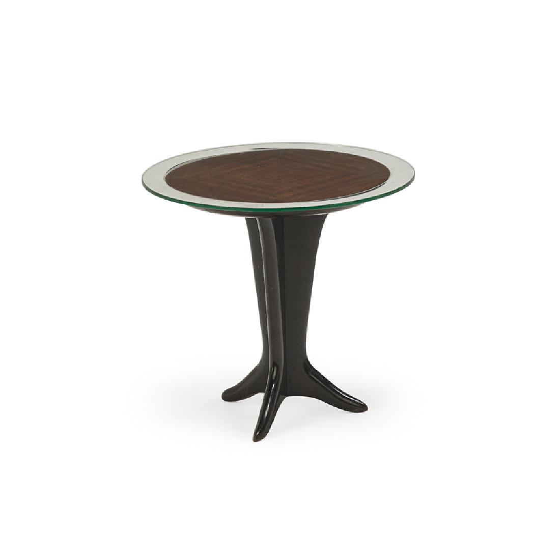 STYLE OF ICO PARISI: Side table, Italy, 1940 Mahogany, stained wood, clear and mirrored glass 15 1/2" x 16 1/2" dia.