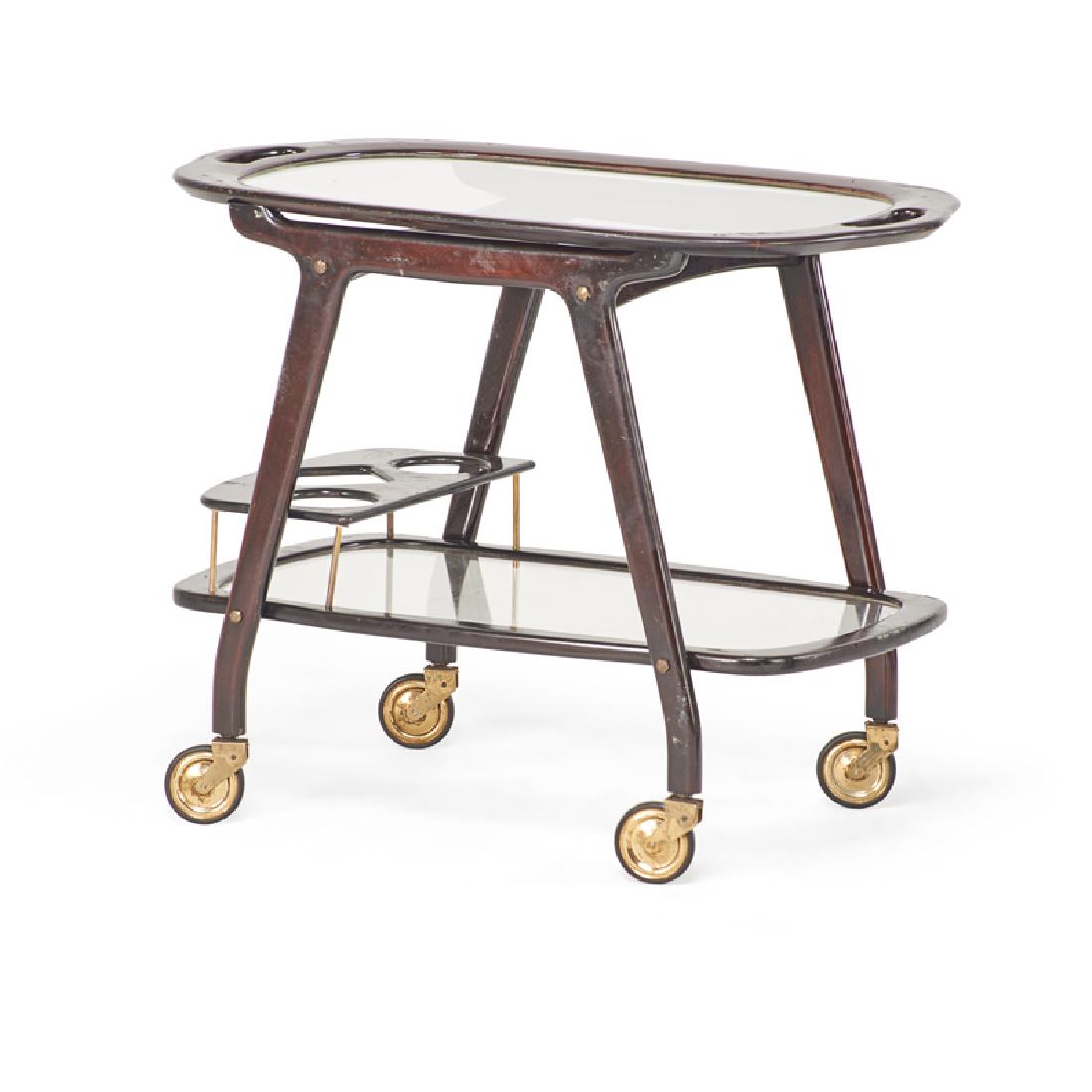 ICO PARISI: Bar cart, Italy, ca. 1955 Mahogany, glass, casters Unmarked 25" x 31 1/2" x 19 1/2"