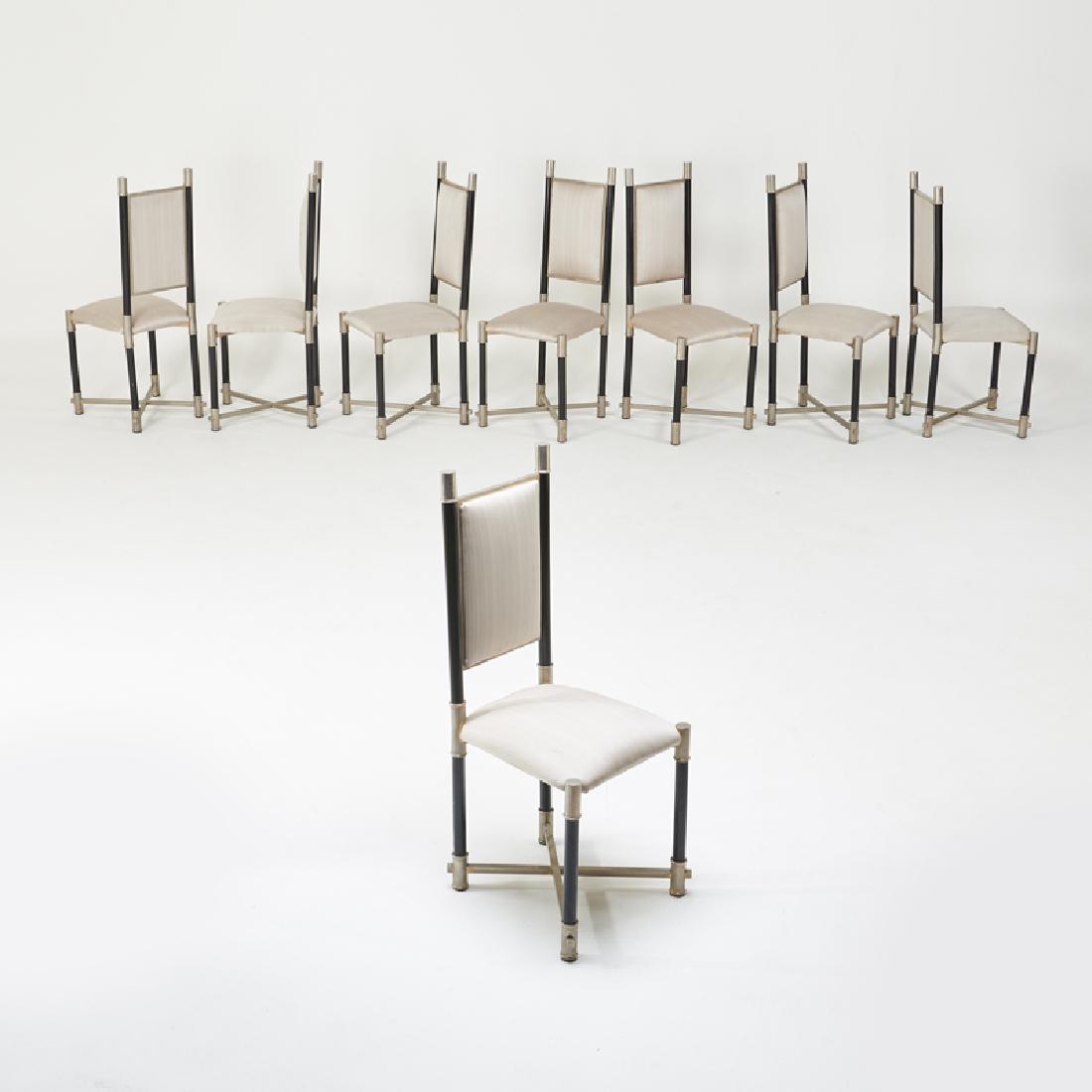 ANTONIO PAVIA: Eight tall-back dining chairs, Italy, ca. 1970s Nickel-plated and enameled metal, upholstery Manufacturer labels 45 1/2" x 19" x 21"
