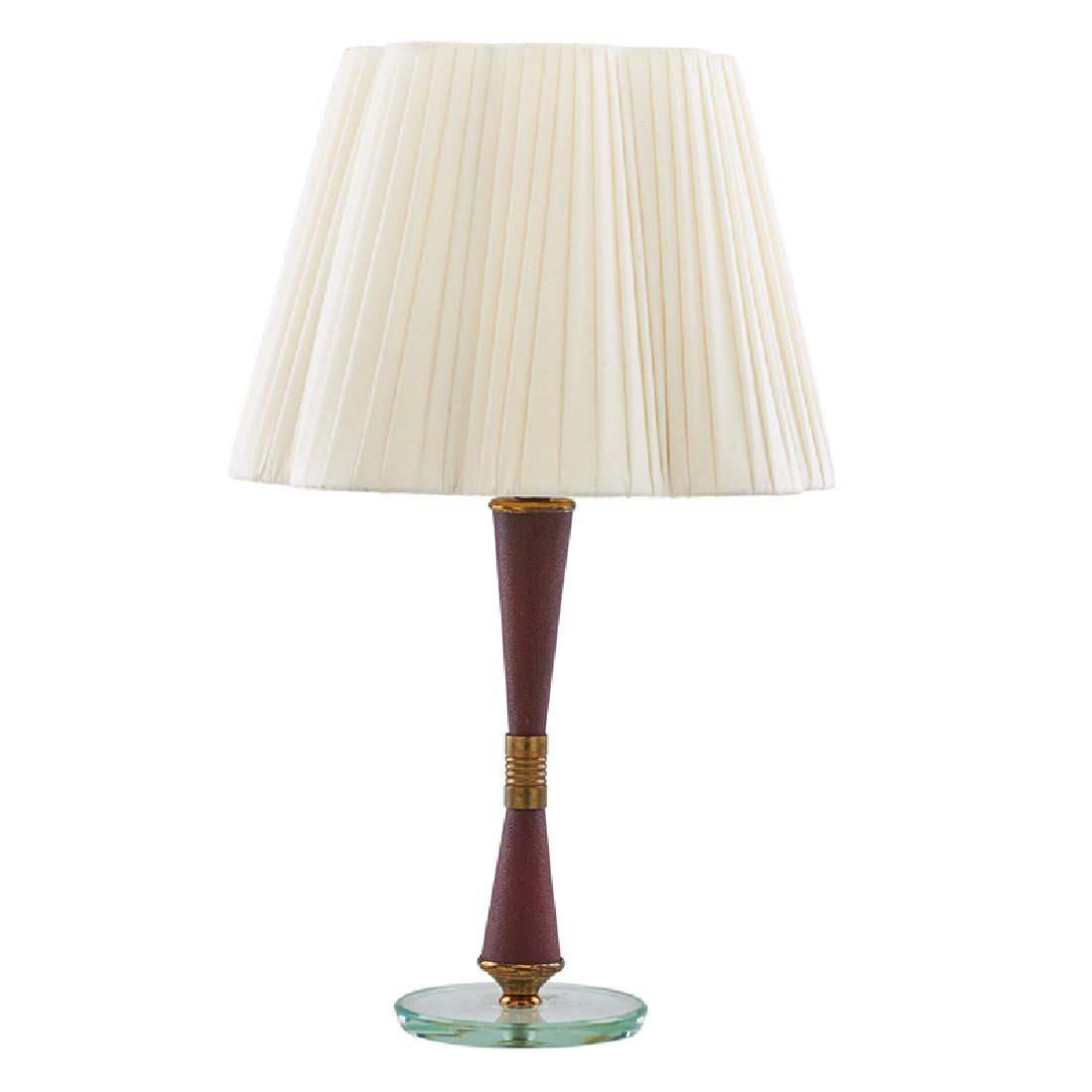 FONTANA ARTE (Attr.): Corseted table lamp, Italy, ca. 1958 Shagreen, gilt brass, glass 21" x 13" dia.