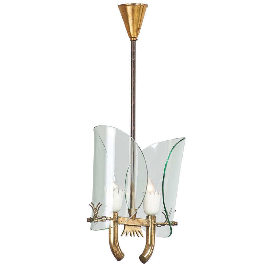 PIETRO CHIESA; FONTANA ARTE: Two-light chandelier, Italy, ca. 1935 Patinated brass, glass Unmarked 32 1/4" x 10 1/2" x 6"